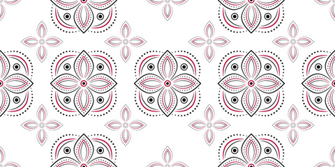 Ethnic geometry seamless patterns. Black red floral elements on white background. Plant ornament in traditional country style. Ornamental background of square elements