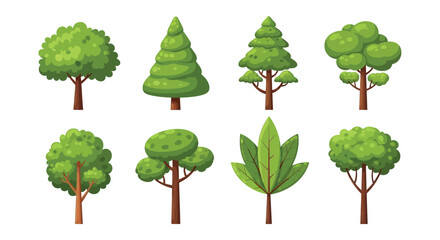 Vector art of collection of various green trees with different shapes and foliage, isolated on white background, representing nature, growth, and the beauty of the plant kingdom in various seasons