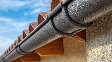 Modern roof gutter with raindrops. Durable metal gutter system along the eaves of a tiled roof, designed for effective rainwater drainage against a cloudy sky.