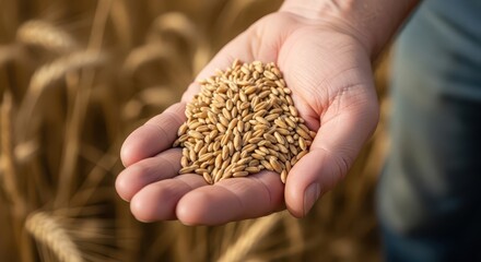 Farmer hand holding golden wheat grains in a field, symbolizing harvest and agriculture