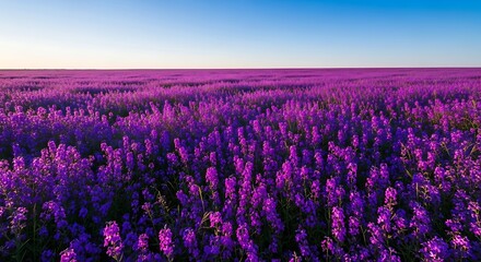 Stunning panoramic landscape of a vast purple flower field at sunset.
