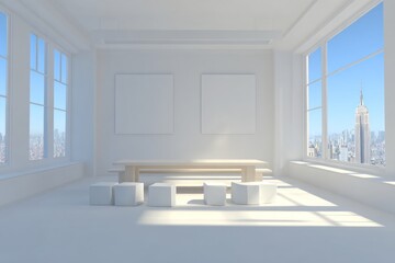 Modern, minimalist room with city view