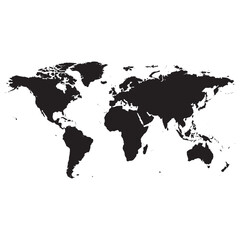 Monochrome world map illustration showing all continents in black silhouette. Flat projection of planet Earth for global concepts.