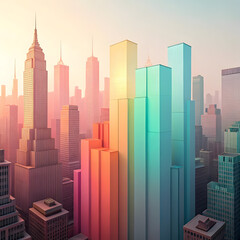 Abstract skyline made of glowing color blocks, vertical cityscape style.