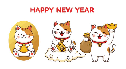 Vector art of happy new year greeting with three lucky beckoning maneki neko cats, symbols of fortune, wealth, and prosperity, isolated on a white background