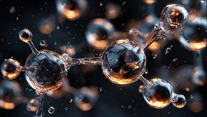 Abstract molecular structure, spheres connected by translucent tubes, dark background