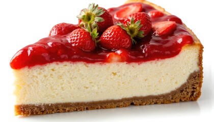 Creamy slice of New York cheesecake. Fresh strawberries, jelly topping. Delicious dessert cake with cheese filling baked. Tasty, sweet food presentation. Macro, nobody, horizontal view. Homemade