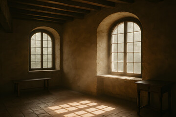Fototapeta premium Light and Shadow in the Historic Room: Inside the vintage dwelling, the interplay of light and shadow creates a tranquil ambiance. Sunbeams cast patterns across the antique room's old elements.