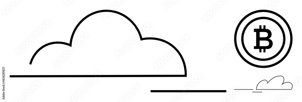 Poster large cloud and small cloud alongside bitcoin coin convey the blend of cloud computing and cryptocur