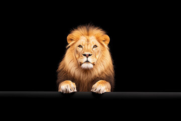Fototapeta premium Majestic lion with thick mane gazes confidently at viewer, showcasing its powerful presence and regal demeanor against black background. This portrait captures essence of strength and beauty