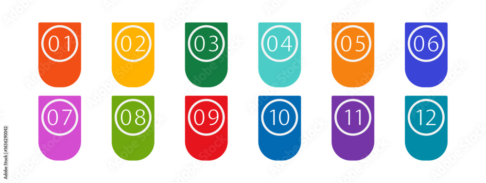Poster icon template multicolored bullet point markers with numbers from one to twelve. brightly colored fl