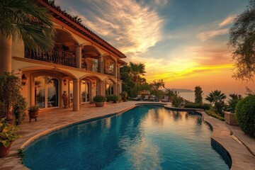 A luxurious villa with a pool at sunset by the sea
