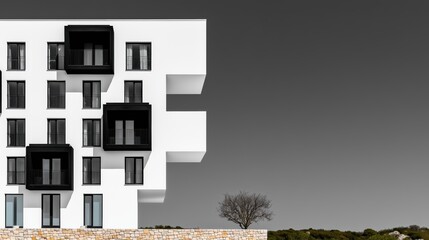 Modern minimalist building with white facade and black window frames and balconies