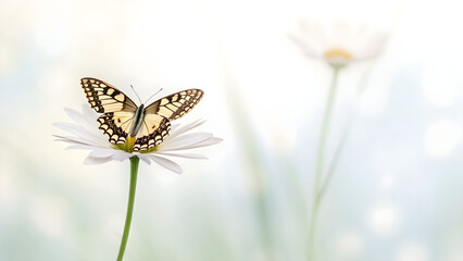 Fototapeta premium Elegant butterfly rests on a delicate white daisy, evoking nature's gentle beauty