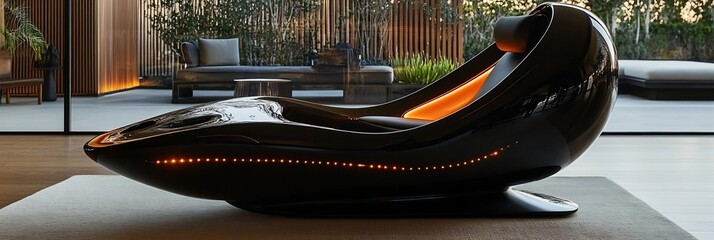 Sleek futuristic recliner chair with built in LED lighting and smart controls in a high tech lounge