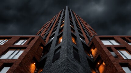 Modern high-rise building with dark red brick facade and large rectangular windows