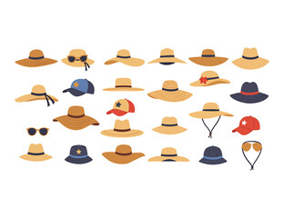 A diverse collection of summer hats and headwear. Vector illustration set of fashion accessories for sun protection, including various hat styles.
