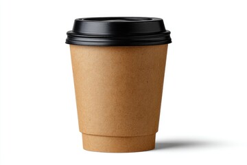 Single disposable coffee cup, light brown cardboard, black lid