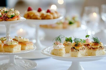 A tiered display of various small appetizer snacks