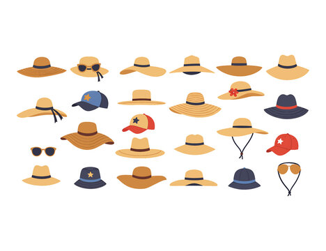 A diverse collection of summer hats and headwear. Vector illustration set of fashion accessories for sun protection, including various hat styles.