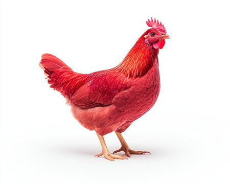 Vibrant truffle red hen standing proudly against white background, showcasing its detailed feathers and confident posture. This striking bird captures attention with its vivid color and charm