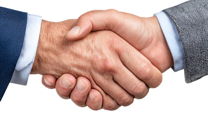 Close-up of two hands shaking in agreement, white isolate background.