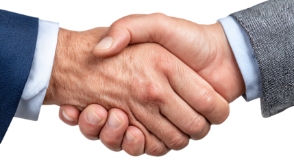 Close-up of two hands shaking in agreement, white isolate background.