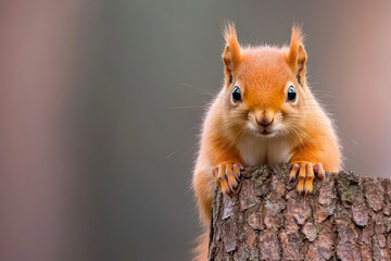 Fototapeta premium Curious red squirrel with wide eyes and fluffy ears perches on tree bark, showcasing its vibrant fur and playful demeanor. This charming creature captures essence of nature beauty
