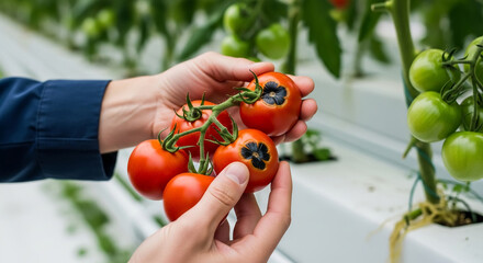 Agronomist inspecting tomato plant disease, checking for fungal infection in a greenhouse