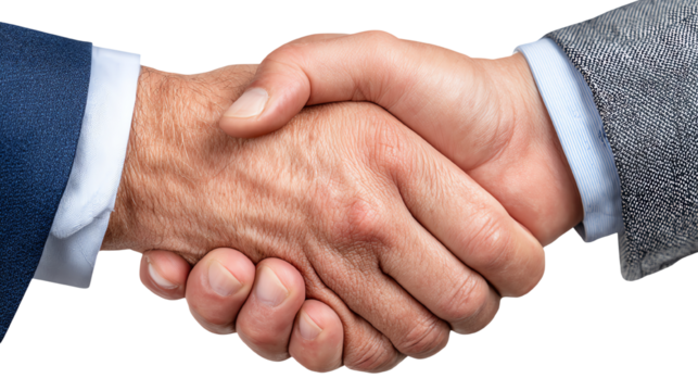 Close-up of two hands shaking in agreement, white isolate background.