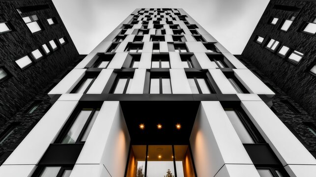 Modern high-rise building with white facade and black windows in an urban setting