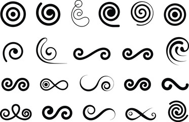 A collection of various black and white spiral and swirl graphic elements