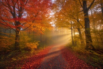 Fototapeta premium A serene forest path blanketed by a thick carpet of crimson, amber, and golden autumn leaves winds through towering maple and oak trees, their branches adorned with fiery foliage