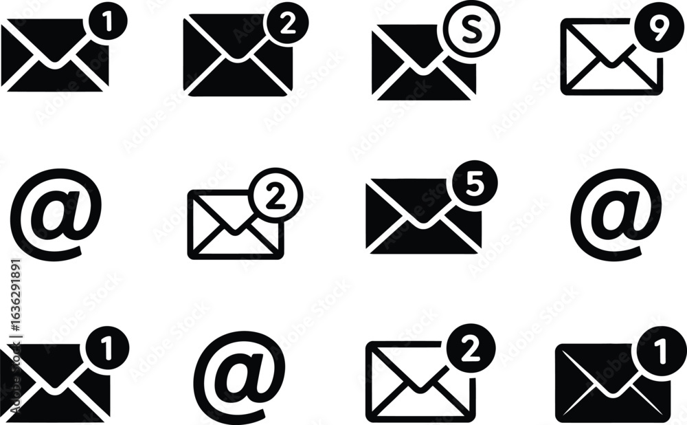 Poster a collection of email and at symbol icons with notification indicators