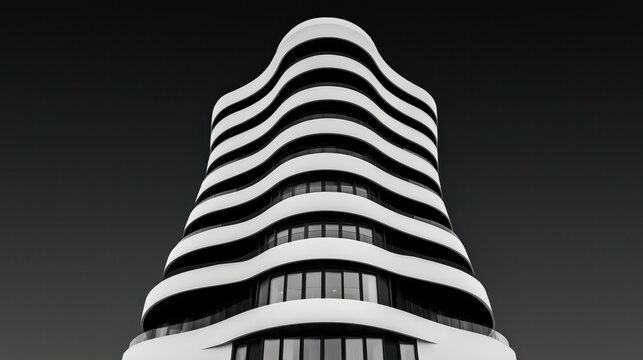 Modern high-rise building with curved lines and black and white facade at night