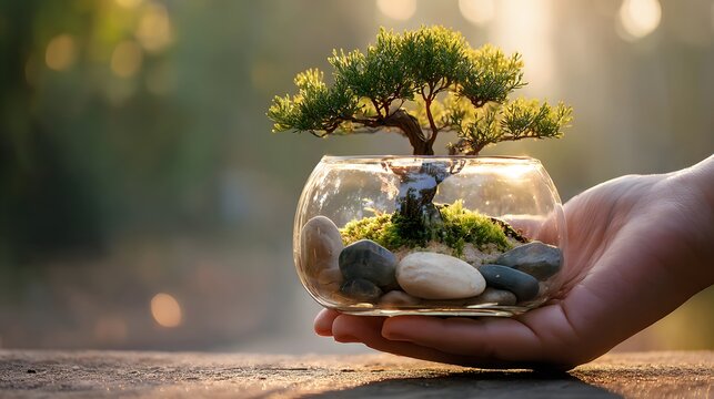 Miniature bonsai tree in a glass bowl, held in a hand.