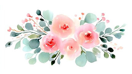 Delicate watercolor bouquet of roses and eucalyptus.