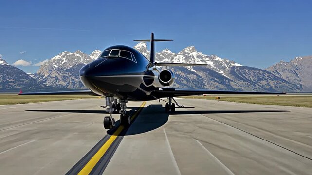 A sleek jet stands on the runway, framed by majestic mountains under a clear blue sky, ready to embark on an exciting journey