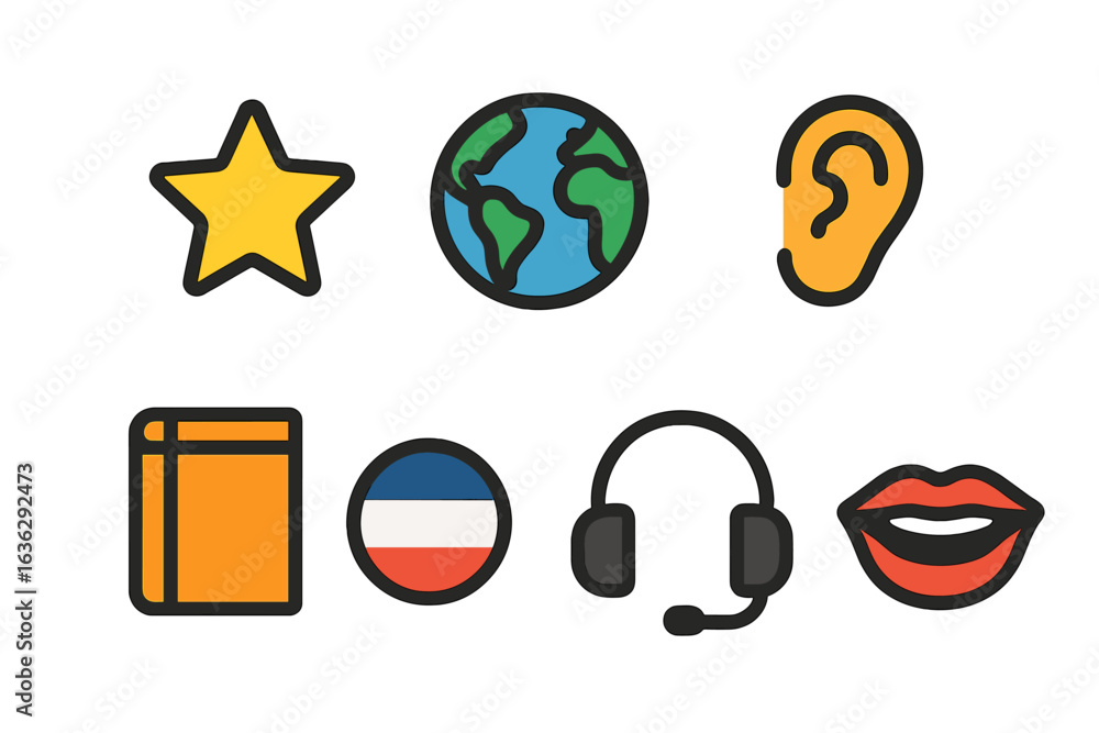 Poster symbols representing language learning and global communication through various icons like ear, glob