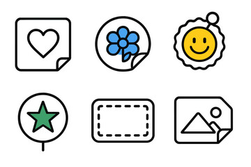 Decorative icons featuring heart, flower, smiley, star, and landscape illustrations with clean lines and vibrant colors for creative designs