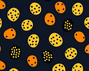 Bright and playful pattern featuring colorful dots in orange, yellow, and black against dark background. This design evokes sense of fun and creativity, perfect for various applications
