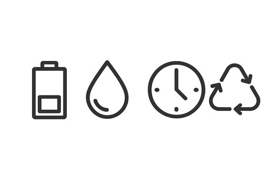 Icons representing battery life, water usage, time management, and recycling for sustainable living practices
