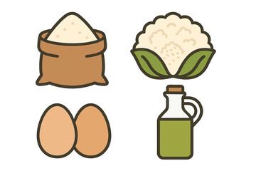 Ingredients for a simple recipe featuring rice, eggs, and oil in a minimalistic design