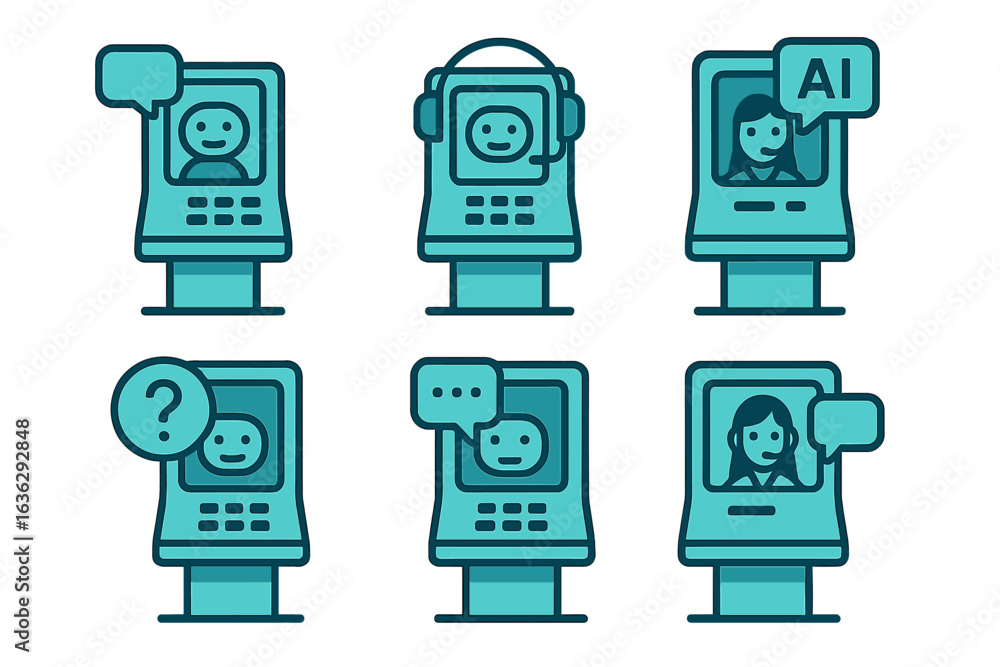 Poster six digital kiosks display virtual assistants interacting with users in a modern tech environment