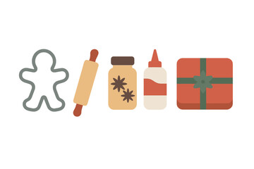 Colorful baking tools and holiday decorations arranged for cookie making during festive season