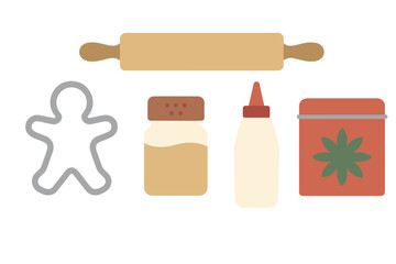 Gingerbread cookie preparation with rolling pin, baking ingredients, and cookie cutter on a white background