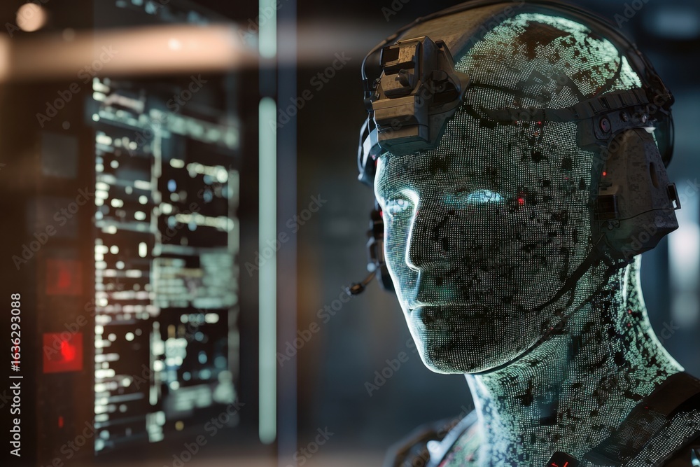 Poster advanced humanoid robot with digital interface in high-tech environment