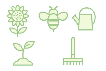 Gardening elements featuring a flower, bee, watering can, sprout, and rake in a minimalistic design
