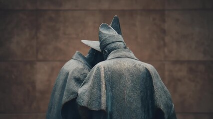 Detailed Rear View of Two Bronze Statues Wearing Cloaks and Hats Against a Brown Wall,  A Still and Contemplative Scene Outdoors,  Subdued Lighting