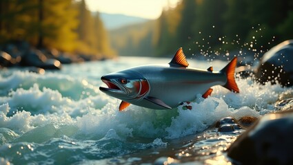 Fototapeta premium Salmon leaping in a river at dawn.